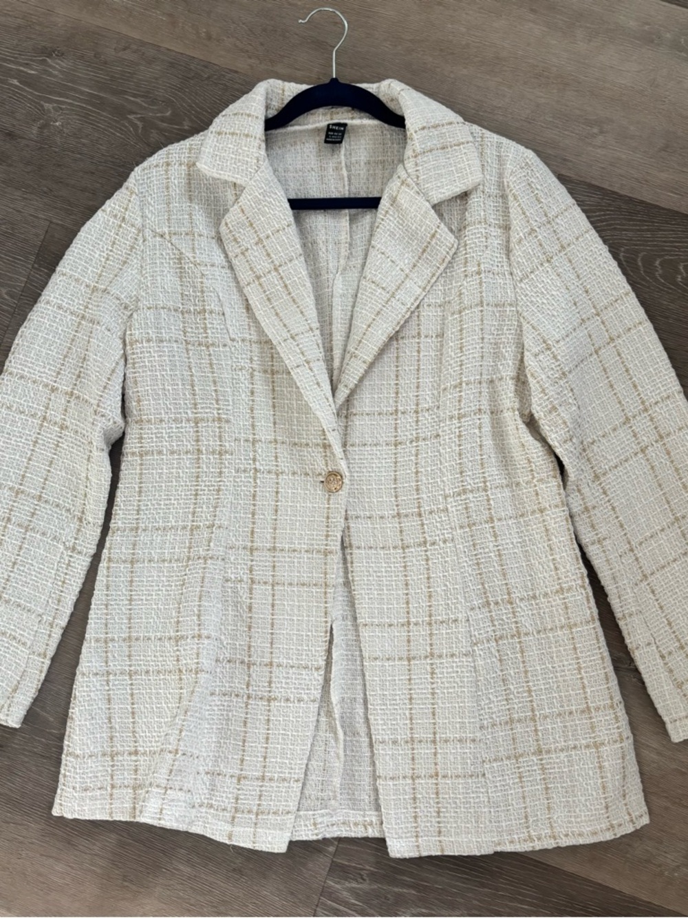 SHEIN Cream Plaid Tweed Single-Button Blazer
